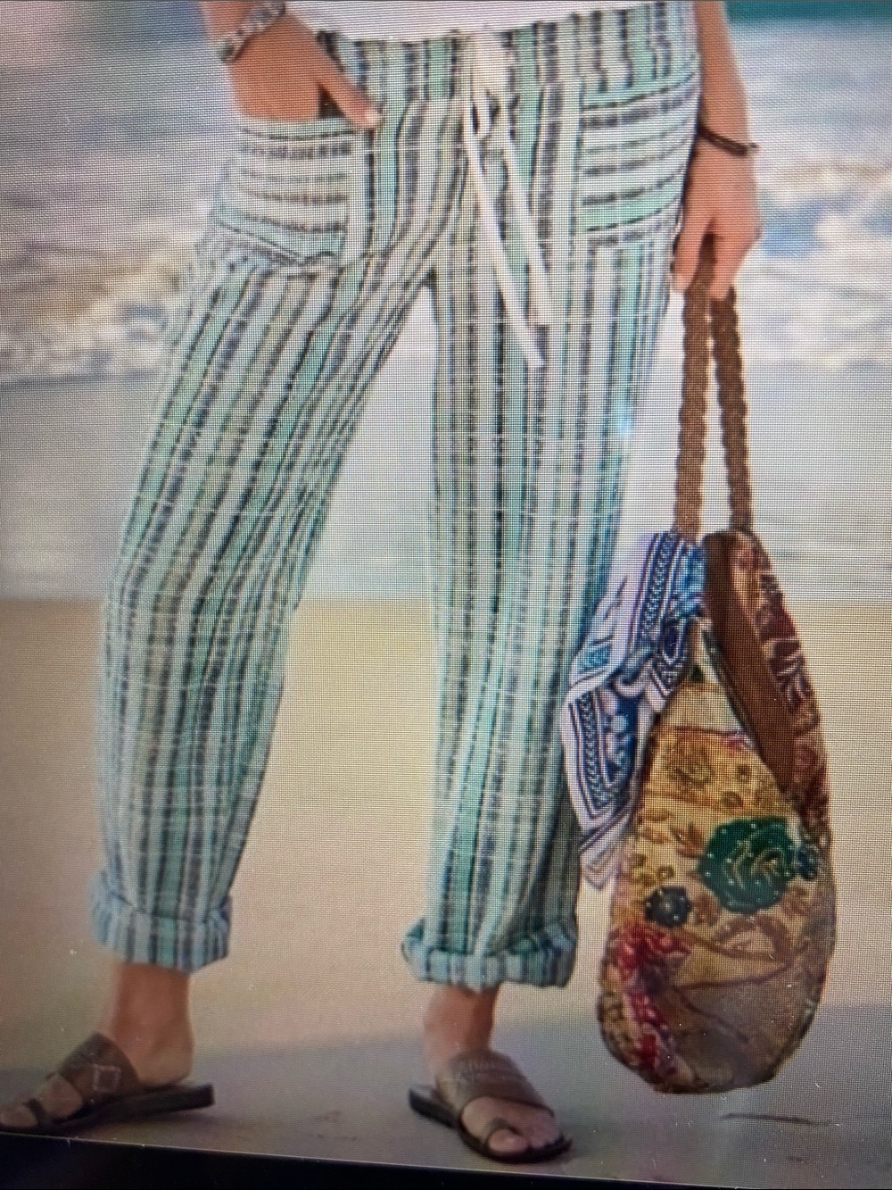 Sundance Gigi Pants Textured Striped Drawstring Wide Leg